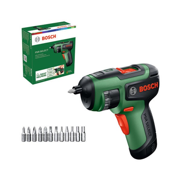 Bosch Akku Schrauber PSR Select mit integriertem Bitmagazin und zwölf Schrauberbits sowie zugehöriger Produktverpackung