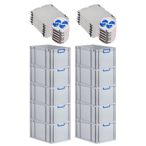 PROREGAL Spar Set 10x Eurobox Nextgen Color Mit Auflagedeckel & Schiebeschnappverschlüsse HxBxT 32 x 40 x 60 cm Griffe Blau Verstärkter Boden