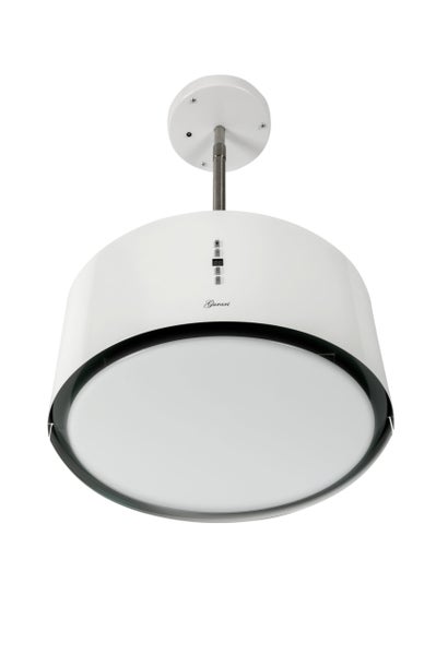 Runde Inselhaube von Gurari mit Display und Deckenbefestigung zur Montage über dem Kochfeld.