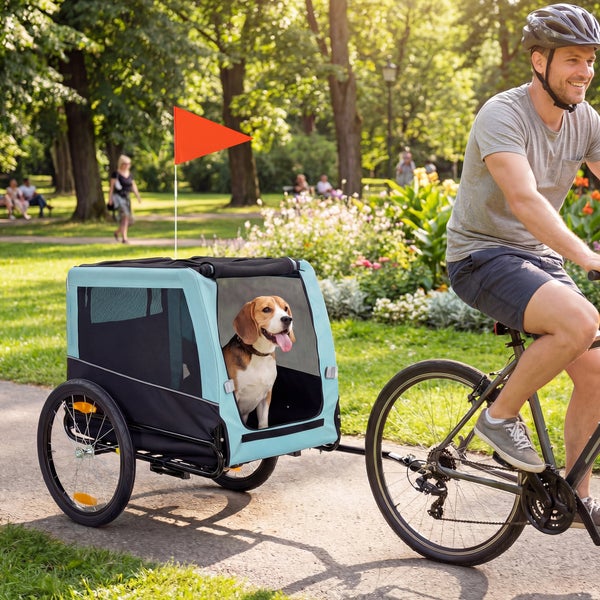 Fahrradanhänger für Hunde mit einem Beagle, gezogen von einem Mann auf einem Fahrrad in einem hellen, weitläufigen Park.