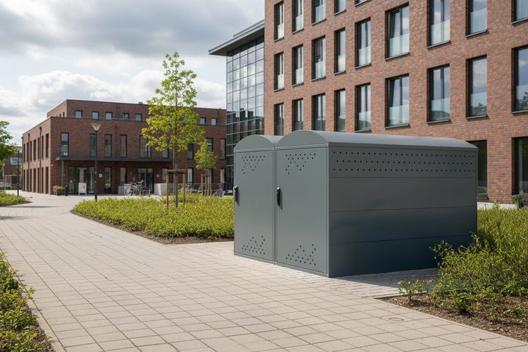 Graue Fahrradbox für zwei Fahrräder auf einem Gehweg vor einem Gebäude.