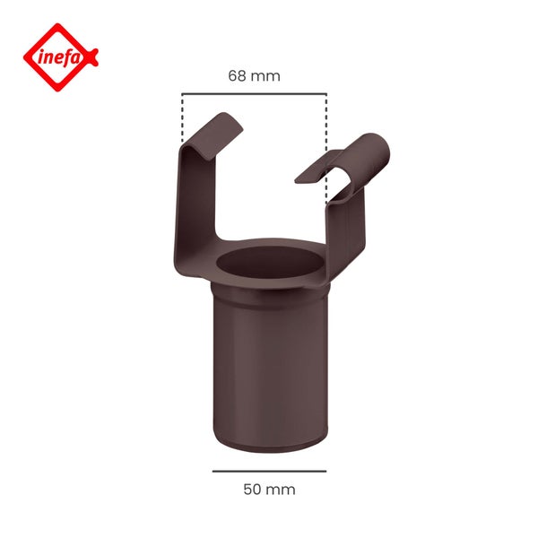Inefa Stutzen für Kastenrinnen, 68 Millimeter Breite oben, 50 Millimeter Durchmesser unten. Inefa Logo.
