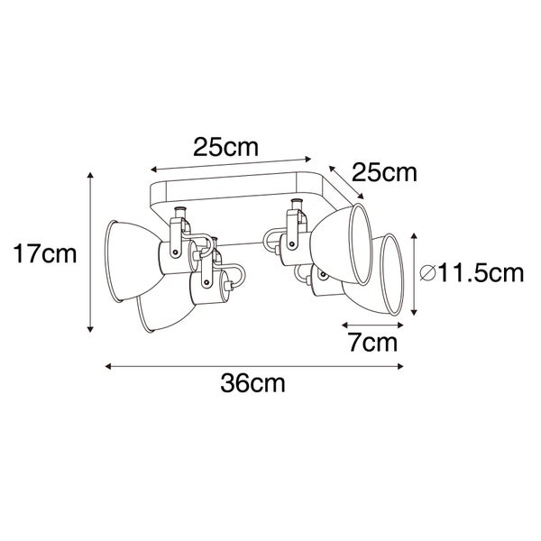 Technische Zeichnung einer Deckenleuchte mit vier Strahlern und Maßangaben