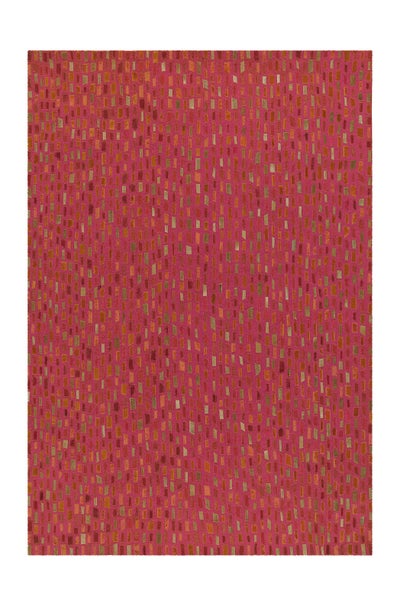 Pinkfarbener Teppich mit buntem Mosaikmuster aus kleinen Rechtecken.