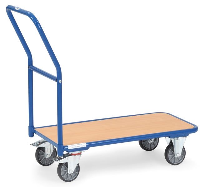 Plattformwagen mit Holzplatte und blauem Rahmen