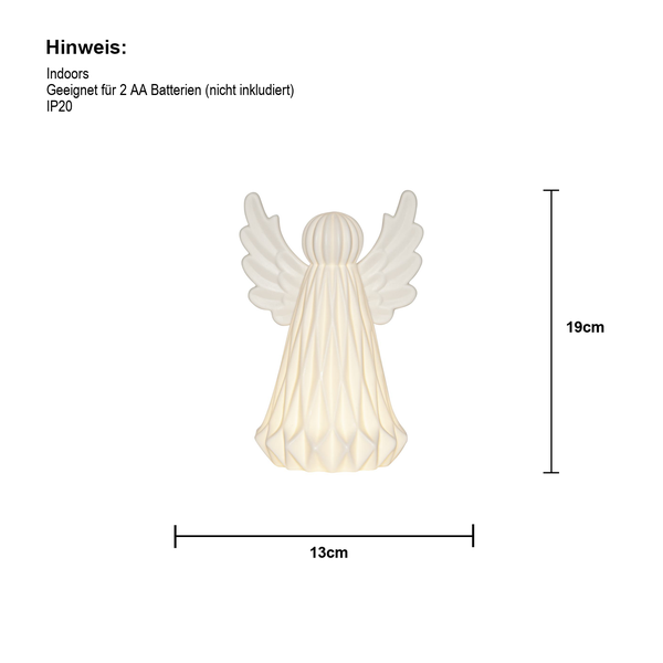 Dekorative Engel-Innenleuchte, 19 cm hoch und 13 cm breit, benötigt zwei AA-Batterien, Schutzart IP20