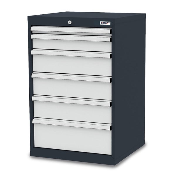 Abschließbarer Werkstatt-Schubladenschrank aus Metall mit sechs Schubladen, WerkzeugStore24 Logo.
