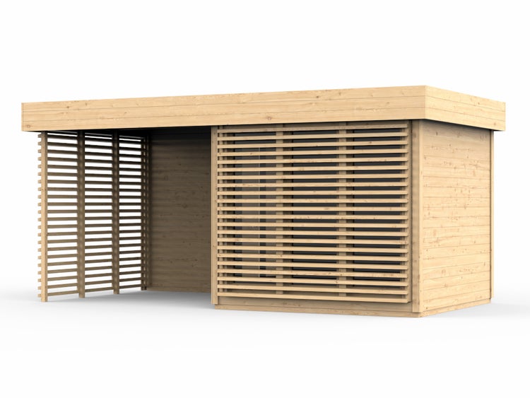 Modernes Gartenhaus aus Holz mit Flachdach und Lamellenwänden.