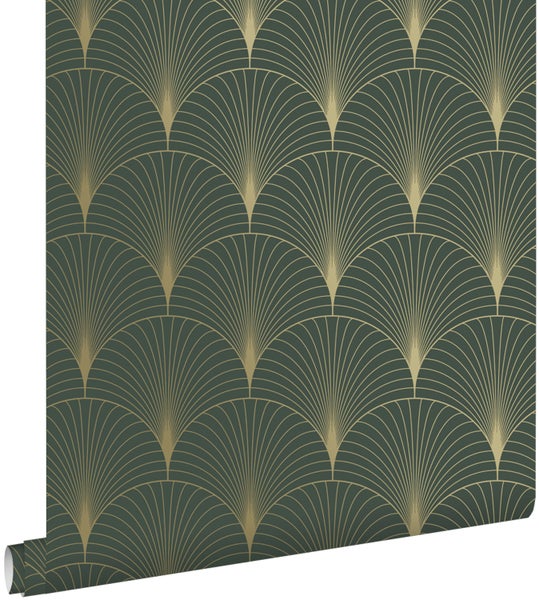 ESTAhome Tapete Art Decó Muster Dunkelgrün und Gold - 53 cm x 10.05 m - 139584