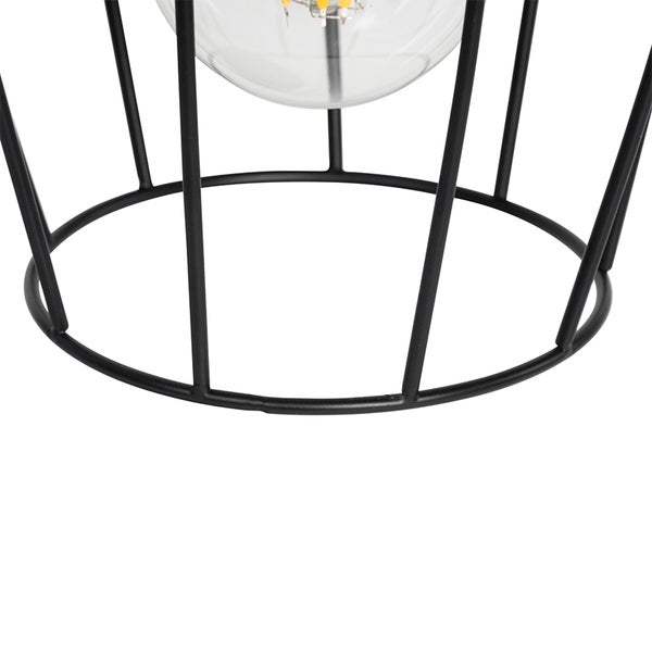 Detailaufnahme einer schwarzen Drahtleuchte mit Glühbirne