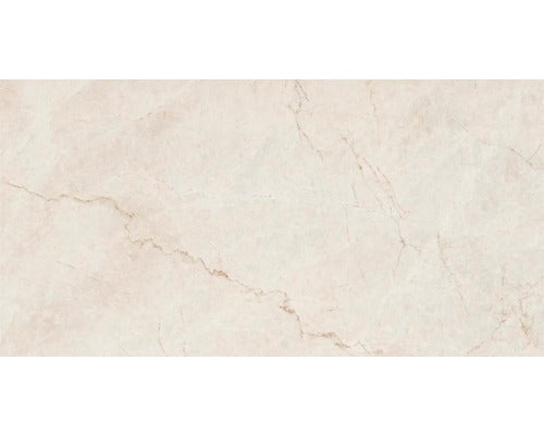 Beige rechteckige Fliese in Marmoroptik mit Maserung.