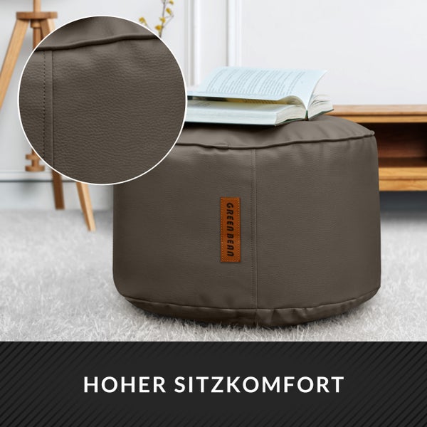 Brauner Sitzpouf mit Buch und Lederstruktur sowie Green Bean Logo
