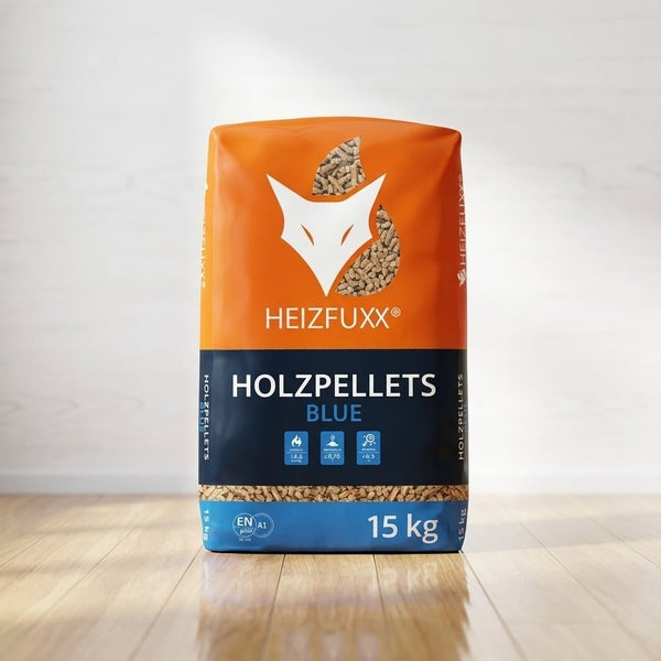 Heizfuxx Holzpellets Blue im 15 Kilogramm Sack mit EN plus A1 Zertifizierung.