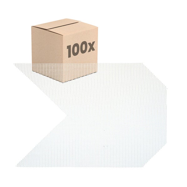 Karton mit Aufschrift 100x und weißes Gittergewebe.
