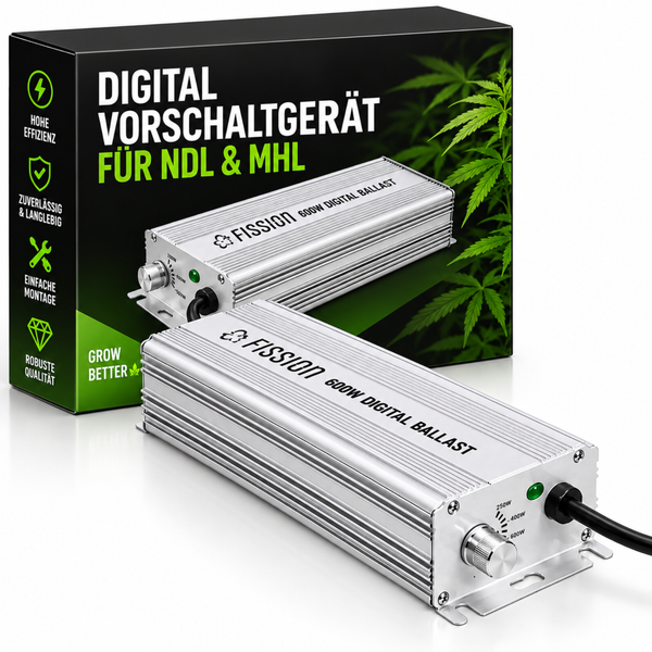 Digitales Vorschaltgerät Fission mit 600 Watt für Natriumdampf- und Halogen-Metalldampflampen mit Einstellregler und Anschlusskabel.