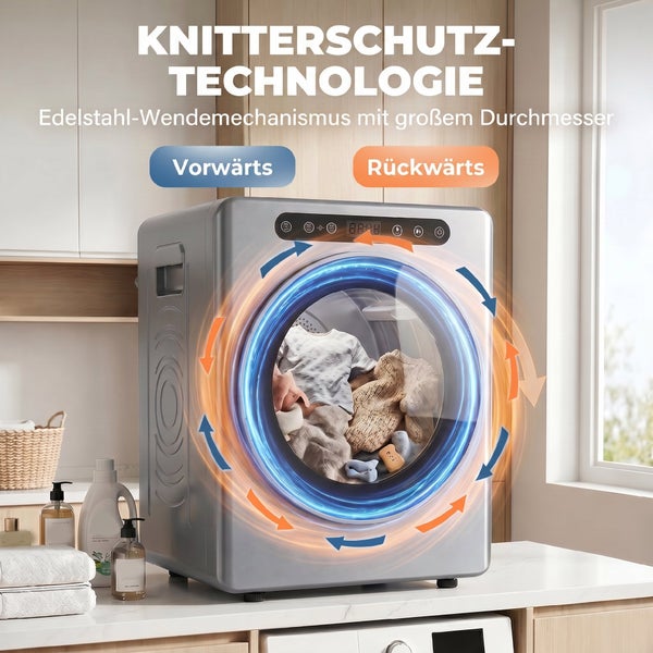 Kompakter Wäschetrockner mit Knitterschutz-Technologie und Edelstahl-Wendemechanismus für Vorwärts- und Rückwärtslauf.