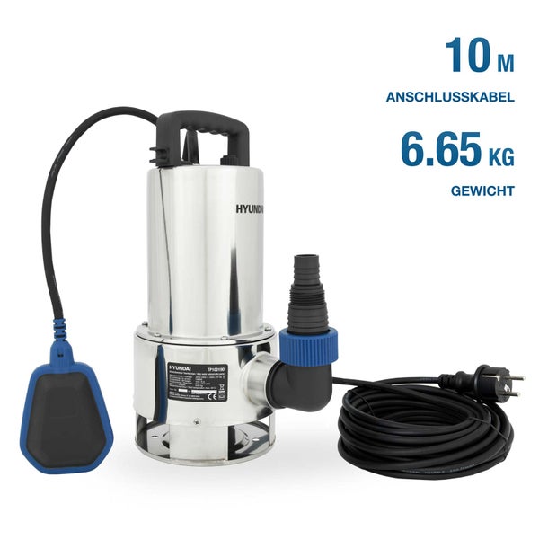 Hyundai Schmutzwasser-Tauchpumpe aus Edelstahl mit 10 Meter Anschlusskabel, Schwimmerschalter und einem Gewicht von 6,65 Kilogramm.