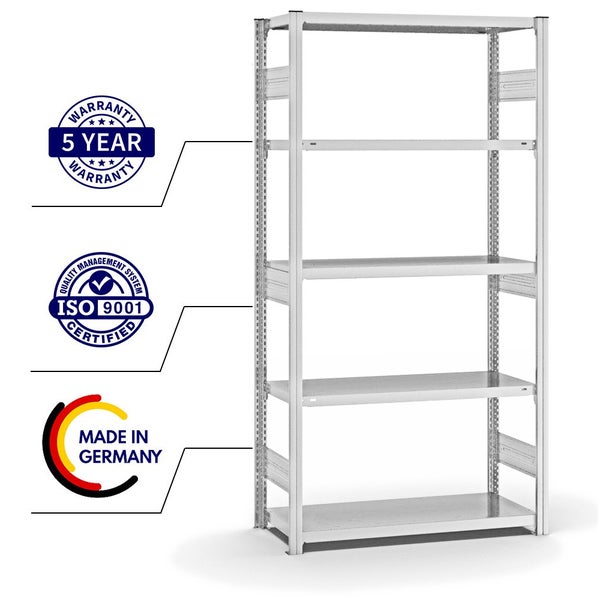 PROREGAL Fachbodenregal Stecksystem T-Profil Heavy-Duty Grundregal HxBxT 200 x 100 x 40 cm 5 Ebenen Fachlast 315 kg Beidseitig Nutzbar Lichtgrau