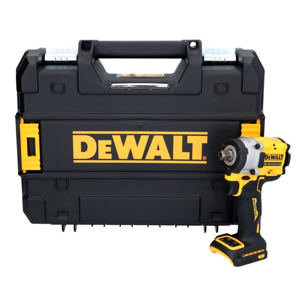 DeWALT Akku-Schlagschrauber 18 Volt mit bürstenlosem Motor vor einem schwarzen Systemkoffer mit DeWALT Logo.