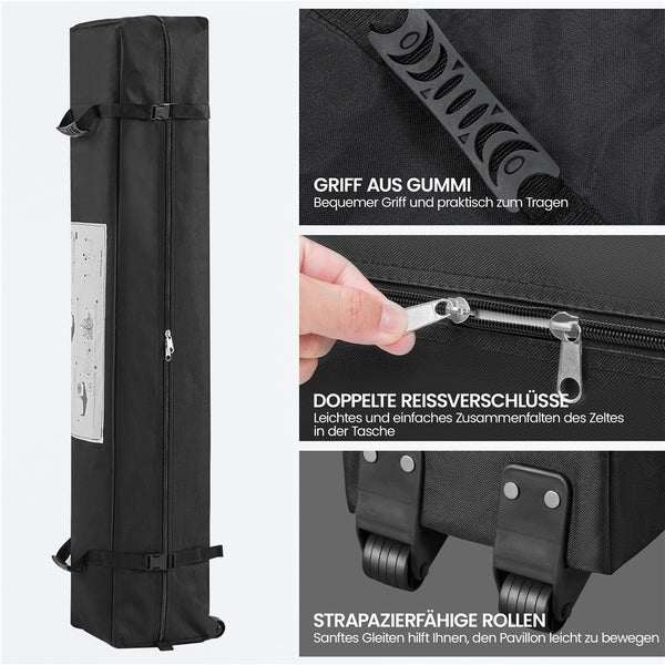 Transporttasche mit Tragegriff, Reißverschlüssen und Rollen für einen Pavillon