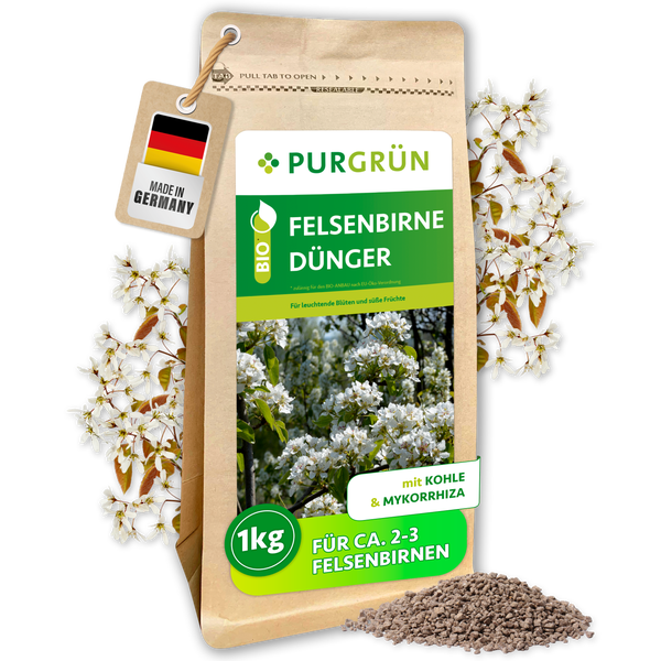 Eine Packung Purgrün Felsenbirne Dünger mit einem Kilogramm Inhalt, geeignet für ökologischen Landbau, enthält Kohle und Mykorrhiza.