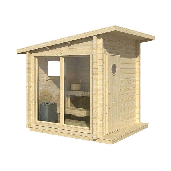 Moderne Gartensauna aus Holz mit Pultdach, großer Glasfront und einer Tür mit rundem Fenster.