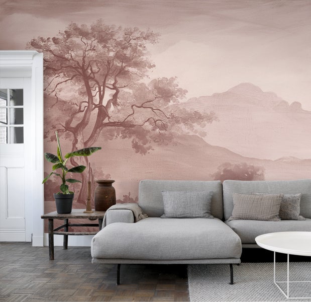 Wohnzimmer mit Wandbild, Sofa und Holzboden