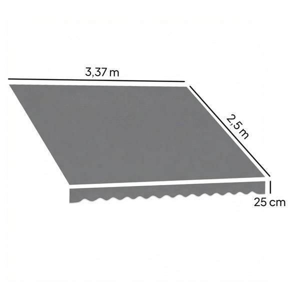 Markisentuch, Breite 3,37 Meter, Ausfall 2,5 Meter, Volanthöhe 25 Zentimeter.