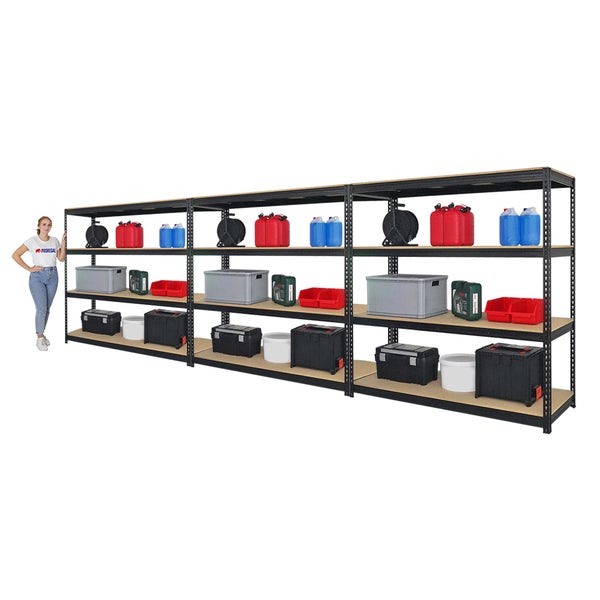 PROREGAL Mega Deal 3x Profi Schwerlastregal Bison HxBxT 200 x 200 x 60 cm 4 Fachböden Fachlast 600 kg Schwarz