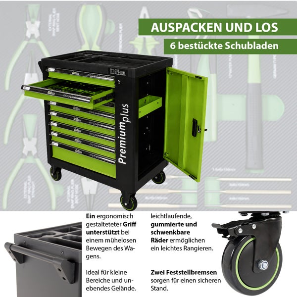 Trutzholm Werkstattwagen Premium plus mit sechs bestückten Schubladen, ergonomischem Griff, Seitentür und lenkbaren gummierten Rädern.