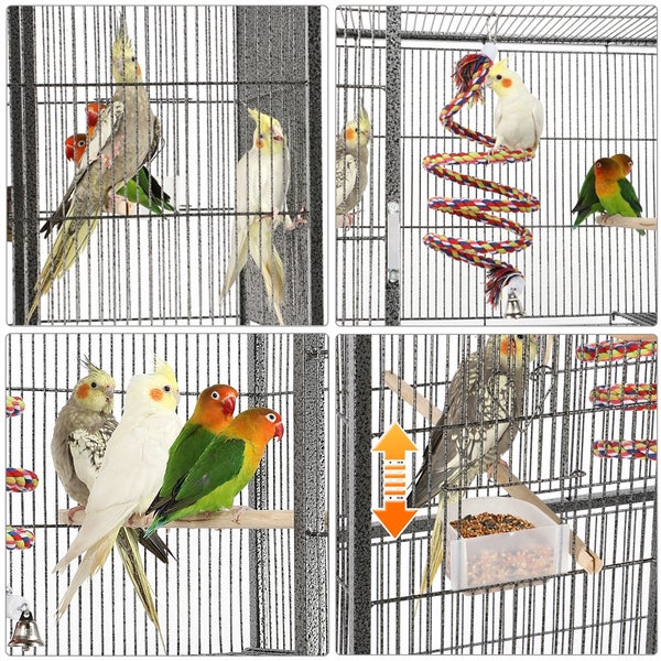Mehrteilige Ansicht eines Vogelkäfigs mit verschiedenen Vögeln, Sitzstangen und Spielzeug