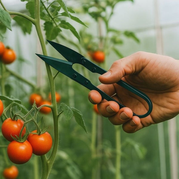 Gartenschere schneidet Tomaten in einem Gewächshaus