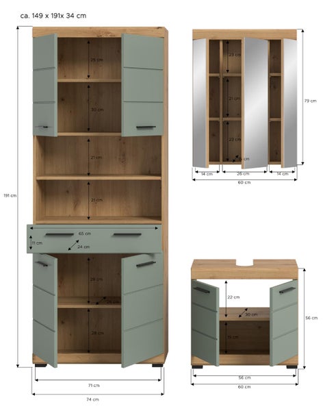 Badmöbel-Set mit Maßen in Zentimeter, bestehend aus Hochschrank, Spiegelschrank und Waschbeckenunterschrank in Holzoptik und Salbeigrün.