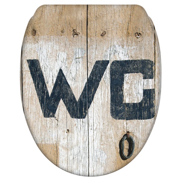 WC Sitz aus Holz mit rustikaler Oberfläche und aufgedrucktem WC Schriftzug