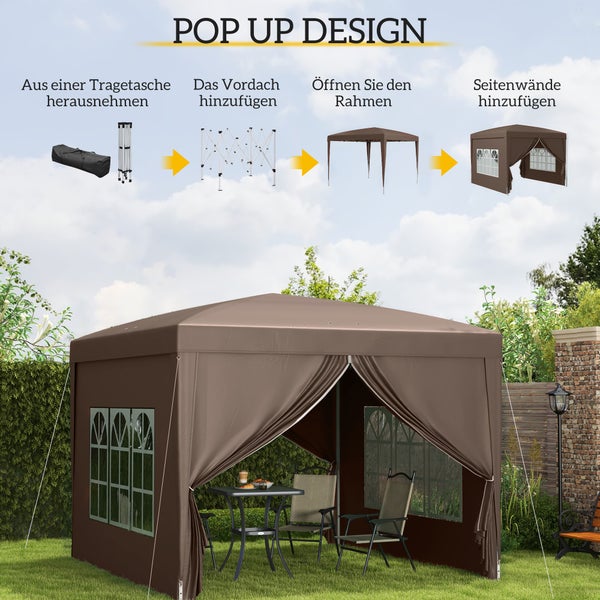 Outsunny Pavillon ca.3x3m, wasserabweisend Stabil Winterfest Pop-up Faltpavillon, UV Schutz 50+, Faltbar Partyzelt Gartenzelt mit 4 Seitenteilen Tasche Gartenpavillon für Camping Garten, Kaffee