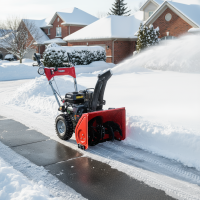 Eine Schneefräse räumt einen Bürgersteig von Schnee.