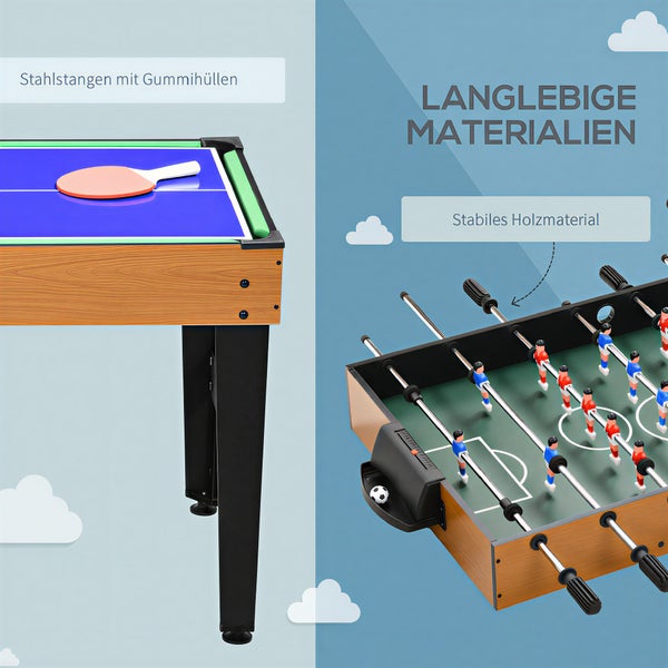 Multifunktionstisch mit Tischtennisplatte und Tischfußball aus stabilem Holzmaterial und Stahlstangen mit Gummigriffen.