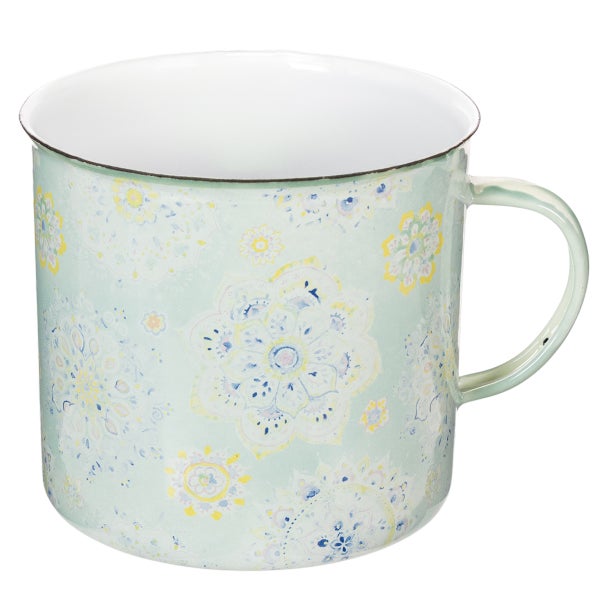 Keramiktasse mit floralem Mandala Muster und Henkel.
