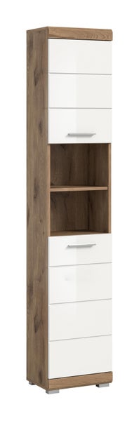 Hochschrank mit Korpus in Eiche-Optik und weißen Hochglanz-Fronten, ein offenes Regalfach mit einem Einlegeboden.
