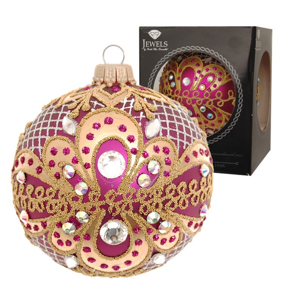 Glaskugel Glanz & Gloria, Purpur Satin, aufwendig dekoriert mit Strass, 8cm in Geschenkbox, 1 Stck., Weihnachtsbaumkugeln, Christbaumschmuck, Weihnachtsbaumanhänger