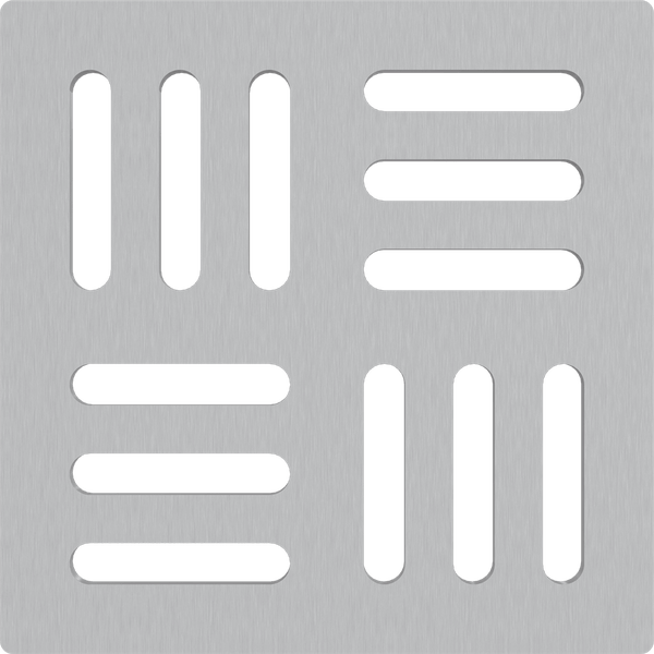Quadratisches Lüftungsgitter aus gebürstetem Metall mit einem Muster aus vertikalen und horizontalen Schlitzen.