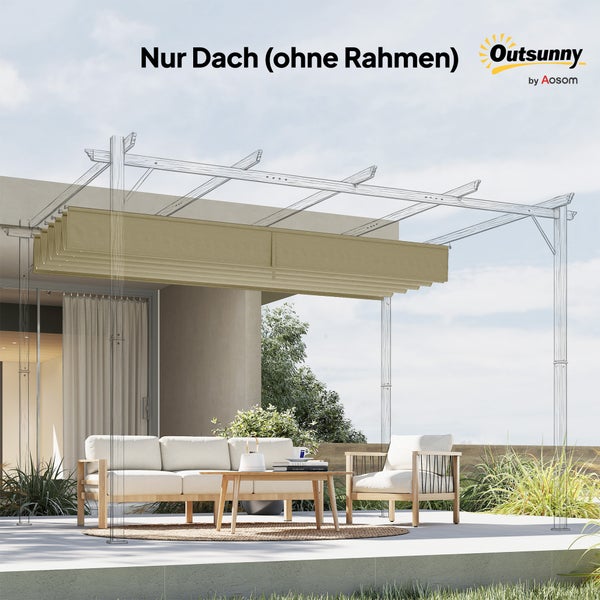 Beige Pergola-Dachbespannung auf einer modernen, hellen Terrasse mit weißen Gartenmöbeln, ohne Rahmen dargestellt. Outsunny Logo.