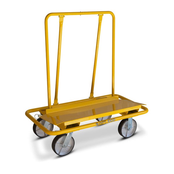 Gelber Plattenwagen für den Transport von Plattenmaterialien.