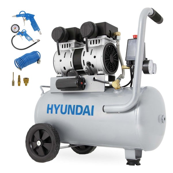 Hyundai Kompressor Set mit Druckluftbehälter, Reifenfüllmesser, Ausblaspistole, Spiralschlauch und Düsen.