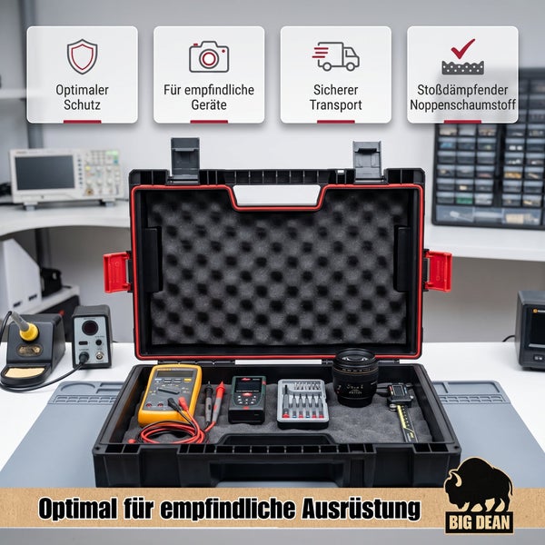 Big Dean Gerätekoffer mit Noppenschaumstoff für den sicheren Transport von empfindlichen Messgeräten und Werkzeugen am Arbeitsplatz.