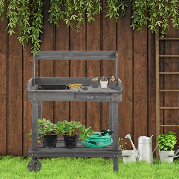 Outsunny Pflanztisch mit Schublade 2 Stufen Gärtnertisch mit waschbecken und Rollen Garten Tannenholz Grau 92 x 45 x 119 cm