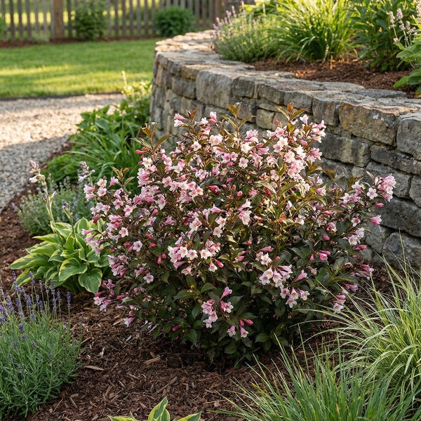 Blühende Weigelie mit rosa Blüten und dunklem Laub in einem Gartenbeet vor einer Natursteinmauer.