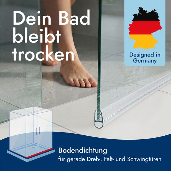 Bodendichtung für gerade Dusch-Drehtüren, Falttüren und Schwingtüren. Hält das Badezimmer trocken. Designed in Germany.