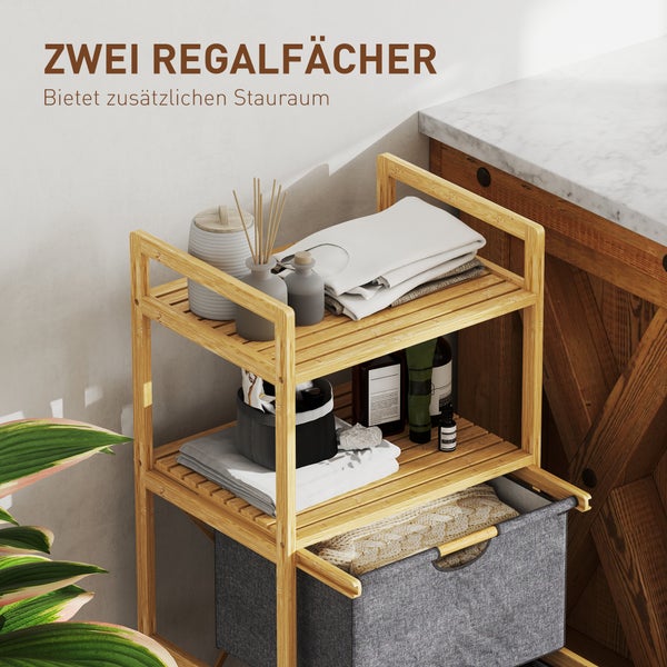 HOMCOM Wäschekorb 35,4 L Wäschesammler mit 2 Wäschekörben aus Stoff, offene Ablagen, Wäschebox mit Griff, für Badezimmer, Bambus, Natur
