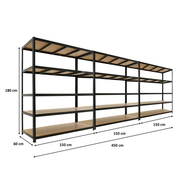 Schwerlastregal, schwarzes Metall, 5 Holzböden pro Sektion, 3 Sektionen, Breite 450 Zentimeter, Höhe 180 Zentimeter, Tiefe 60 Zentimeter.